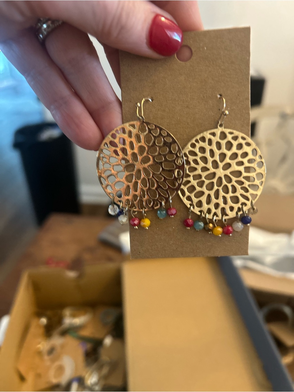 Gold Filigree Hoop Earrings with Multicolor Beads